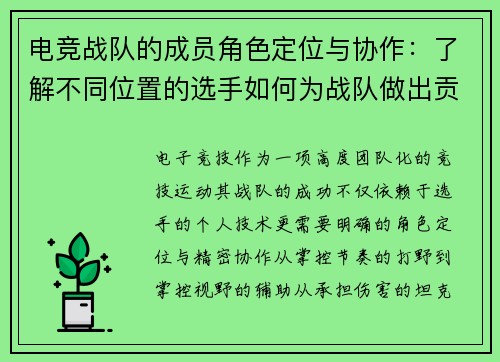 电竞战队的成员角色定位与协作：了解不同位置的选手如何为战队做出贡献